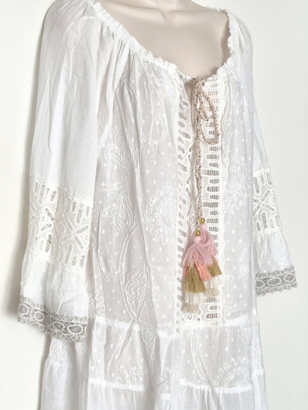 Dotti Boho Summer Dress Cover Up With Tassels Cotton White Combo Size Large NWT